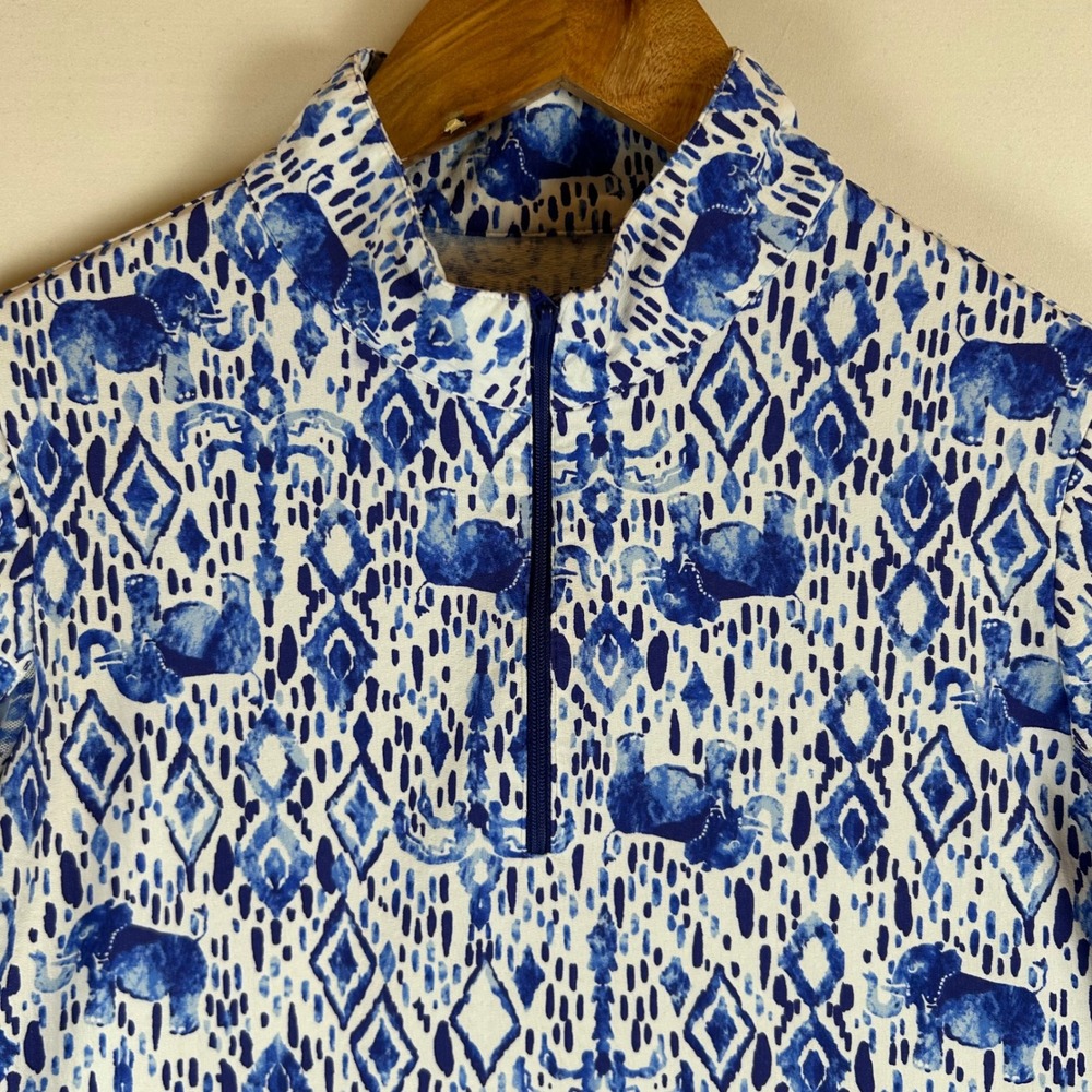 IBKUL Womens Blue White Elephant Ikat Quarter Zip Sun Shirt Mock Neck Small - Picture 6 of 10